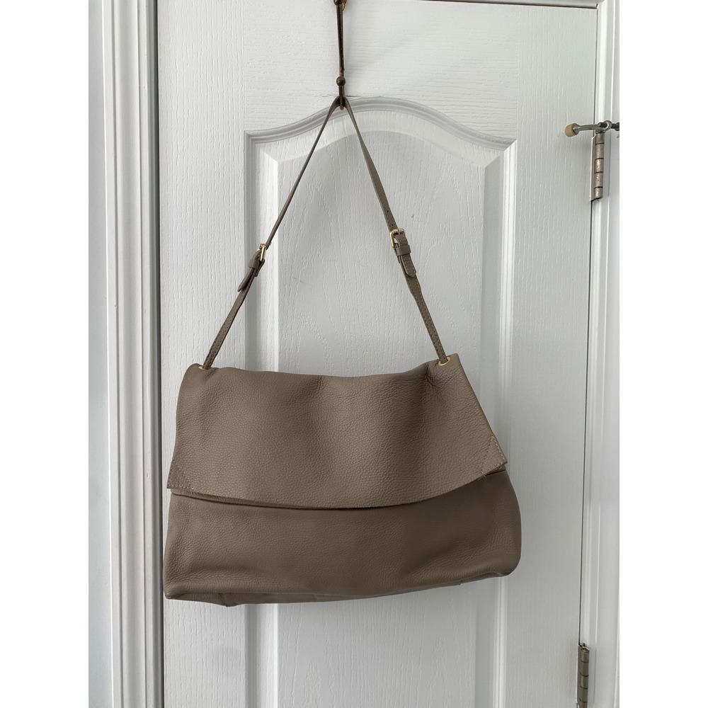 Alberta Di Canio Taupe Pebbled Leather Foldover Shoulder Bag Made in Italy Gold